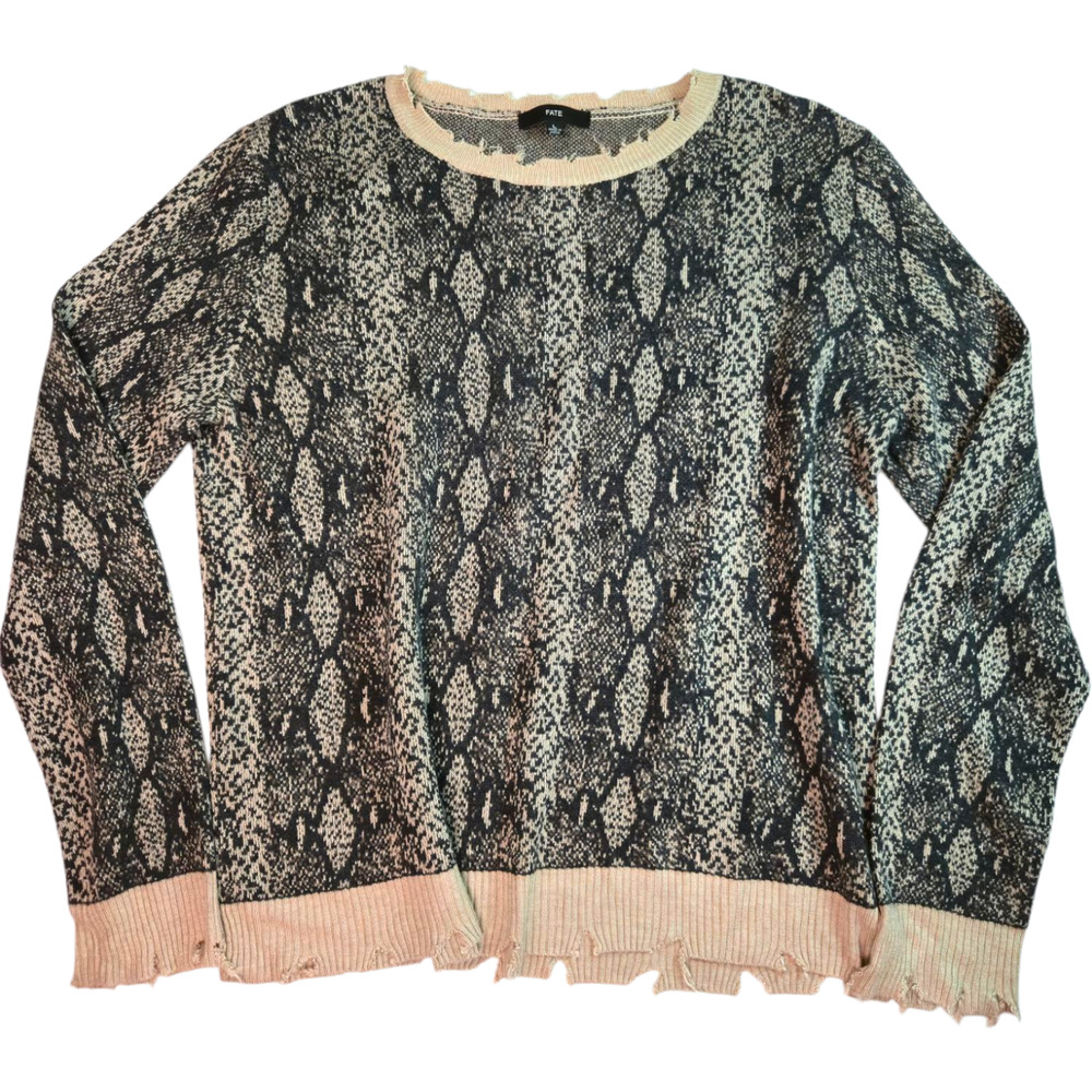 Fate Womens Sweater Size Large L Distressed Snake Print Retro Style Rough Edge